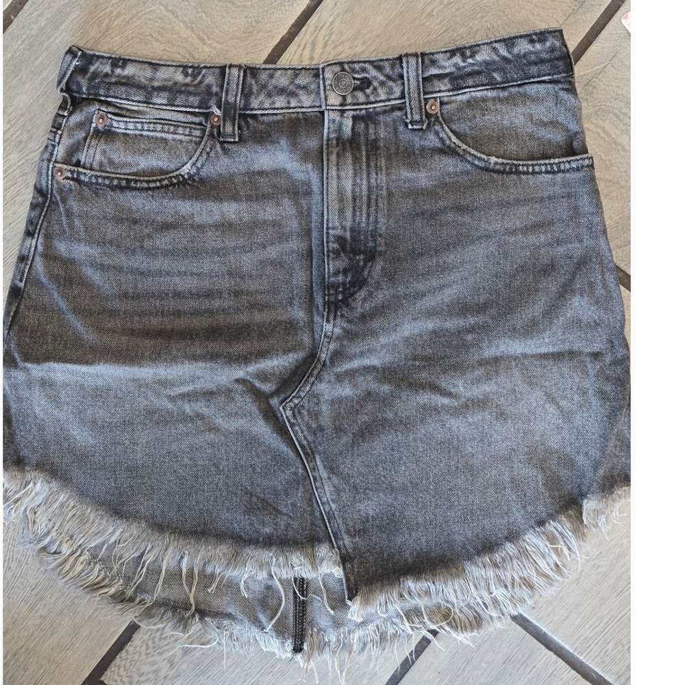 Free People‎ Maverick Denim Mini Skirt Washed Black Grey Raw Fringe Hem- 27 New
